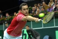 Spanish tennis player Nicolas Almagro returns a ball to Radek Stepanek of Czech Republic